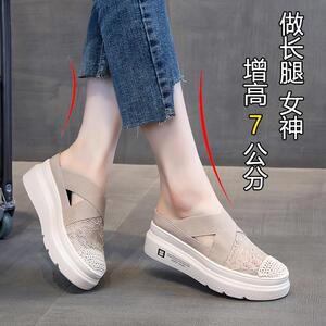 代购一脚蹬渔夫鞋女2025新款夏季薄款蕾丝厚底7cm休闲包头懒人鞋