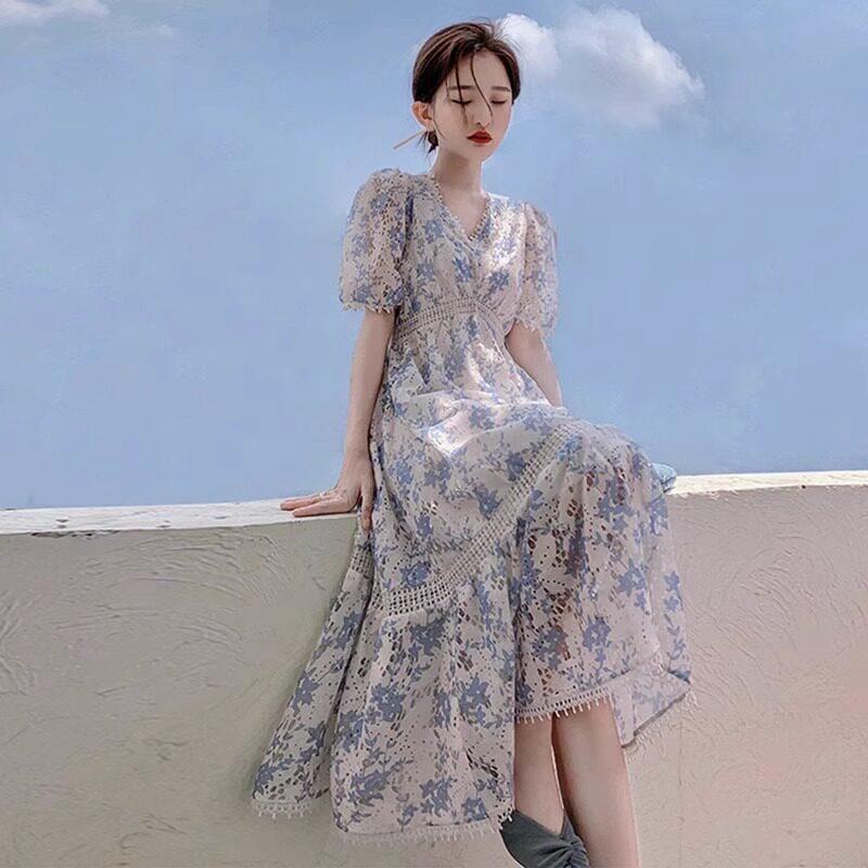 欧洲站2026夏季新款茶歇法式长裙子高级感蓝色碎花连衣裙小众设计