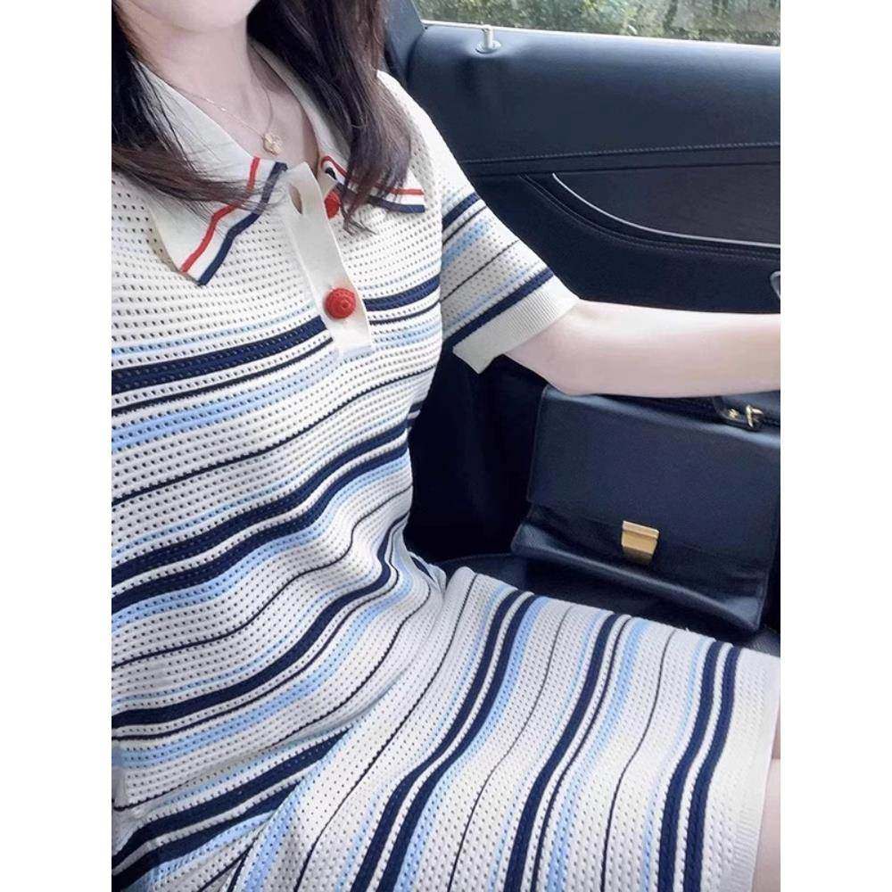 欧洲站夏季新款盐系学院风时尚洋气高端精致休闲通勤条纹连衣裙女