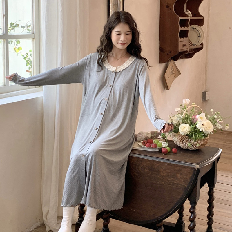 春夏莫代尔带胸垫哺乳睡裙薄产妇待产裙宽松条纹怀孕期月子裙56月