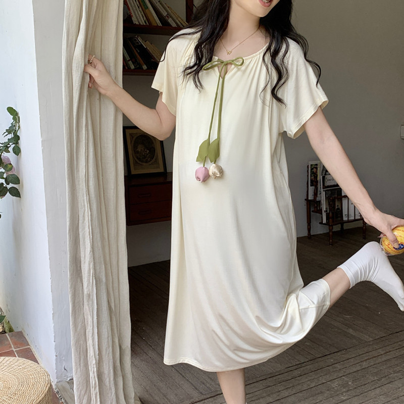 带胸垫哺乳睡裙夏薄款莫代尔67月