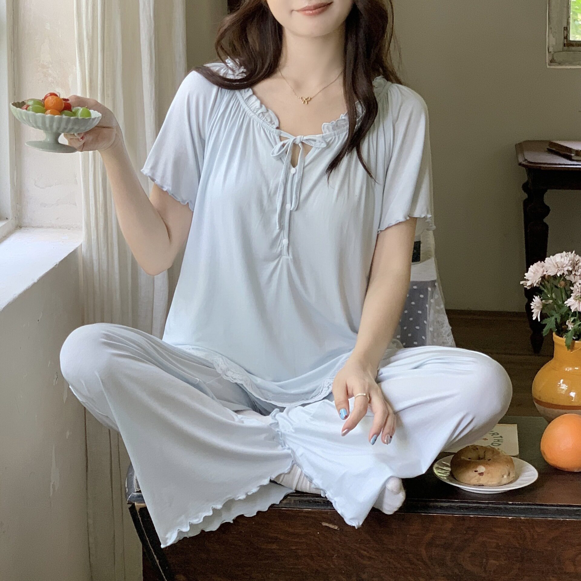 带胸垫优可丝短袖长裤哺乳套装夏
