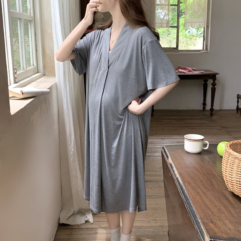 夏季薄款哺乳月子服短袖薄款怀孕期睡裙莫代尔产妇住院月子裙78月