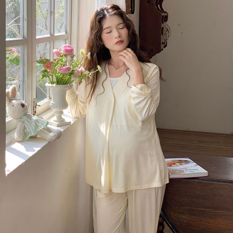 春夏季带胸垫莫代尔月子服长袖薄款产后哺乳套装5月6月孕妇家居服
