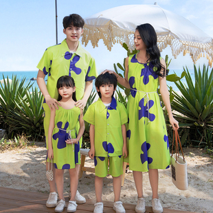 沙滩亲子装2025新款三亚海边旅游度假姐弟情侣套装母女裙子衬衫男