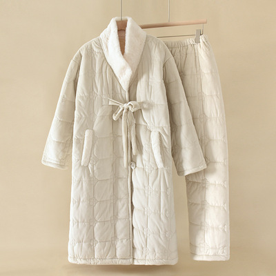 三层夹棉睡衣女秋冬季加长款加厚可外穿睡袍加裤子高端家居服套装