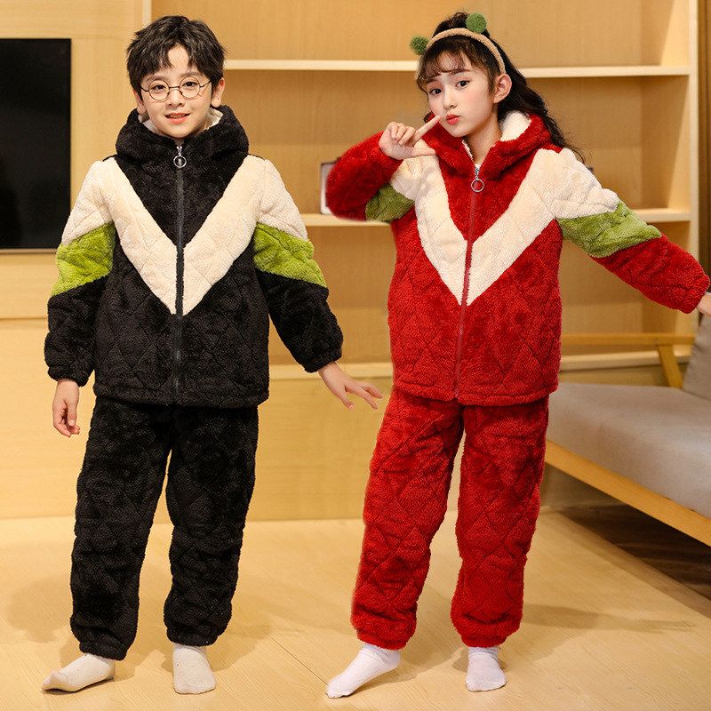 儿童睡衣男童冬季加厚法兰绒三层夹棉珊瑚绒中大童女童家居服批发