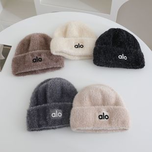 ALO简约刺绣毛貂绒针织帽子女秋冬保暖防寒加厚冷帽显脸小包头帽