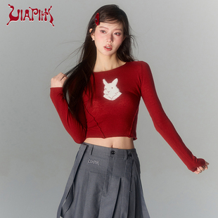 VIAPITTI植绒小兔子打底毛织衫女内搭显瘦含羊毛甜辣红色春装长袖