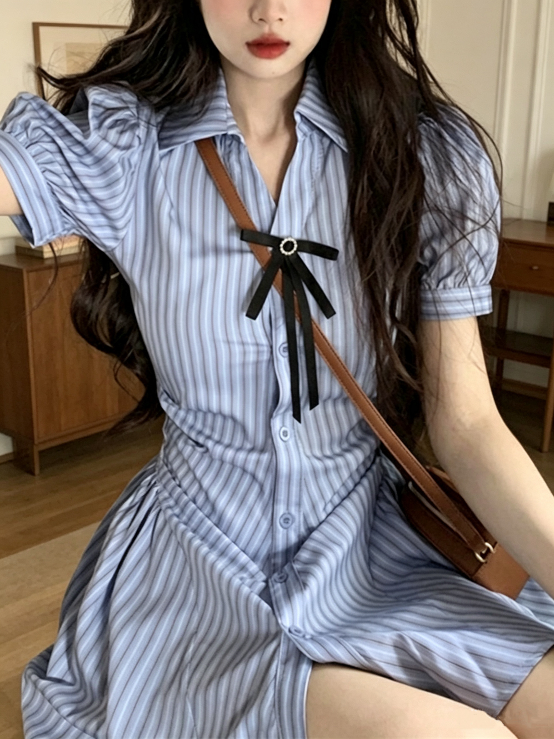 时尚港风百搭蓝色条纹连衣裙女夏季胖mm慵懒风遮肚显瘦衬衫裙套装