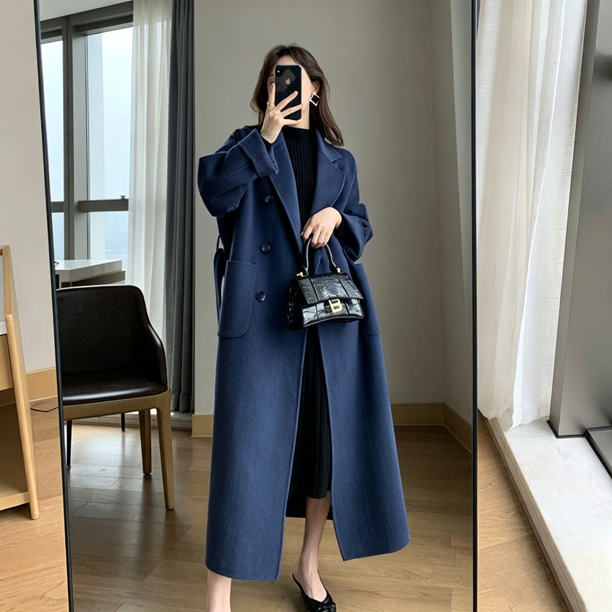 藏蓝色双面羊绒大衣女秋冬双排扣长款廓形显瘦高级感羊毛呢外套女