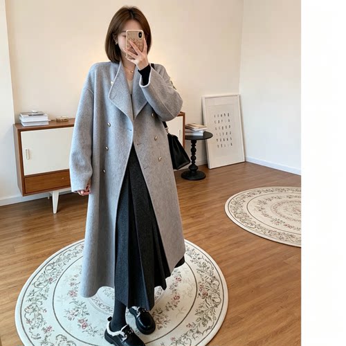 法式小香风西装领双排扣呢外套女