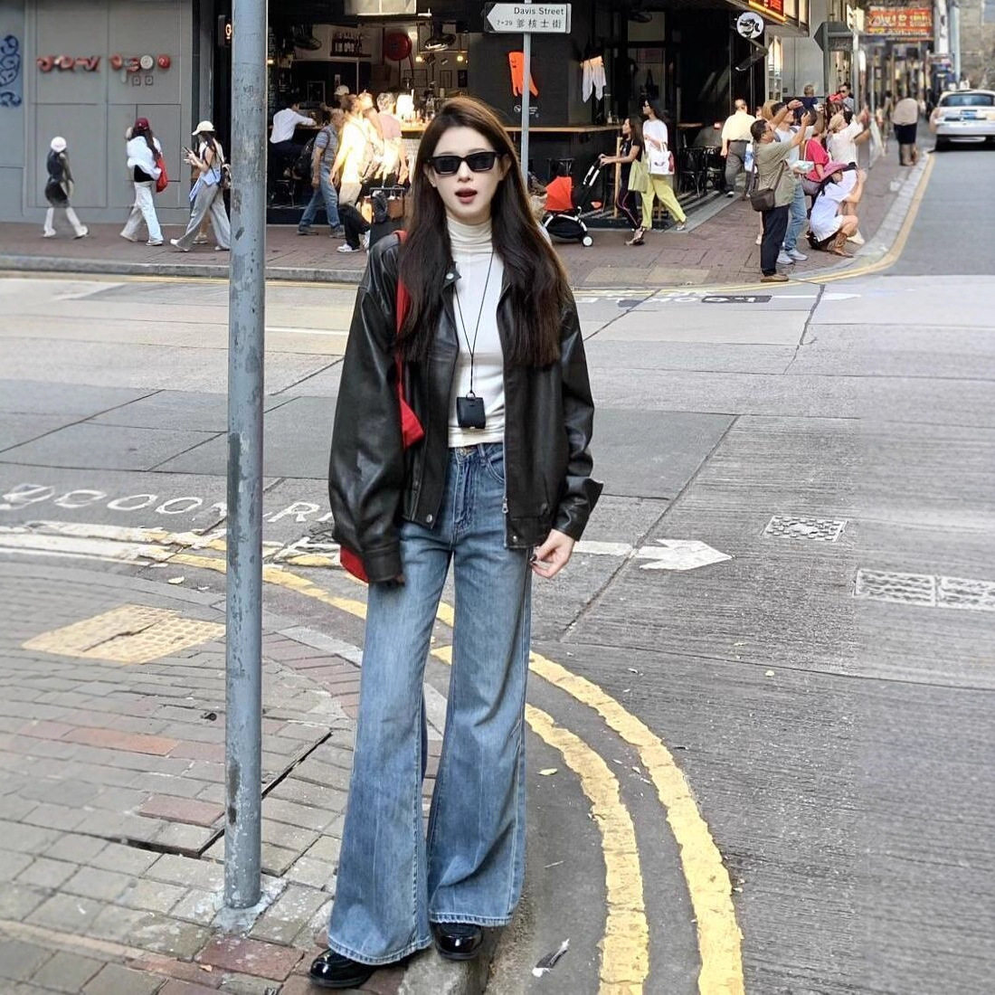 复古港风宽松黑色PU机车皮衣女