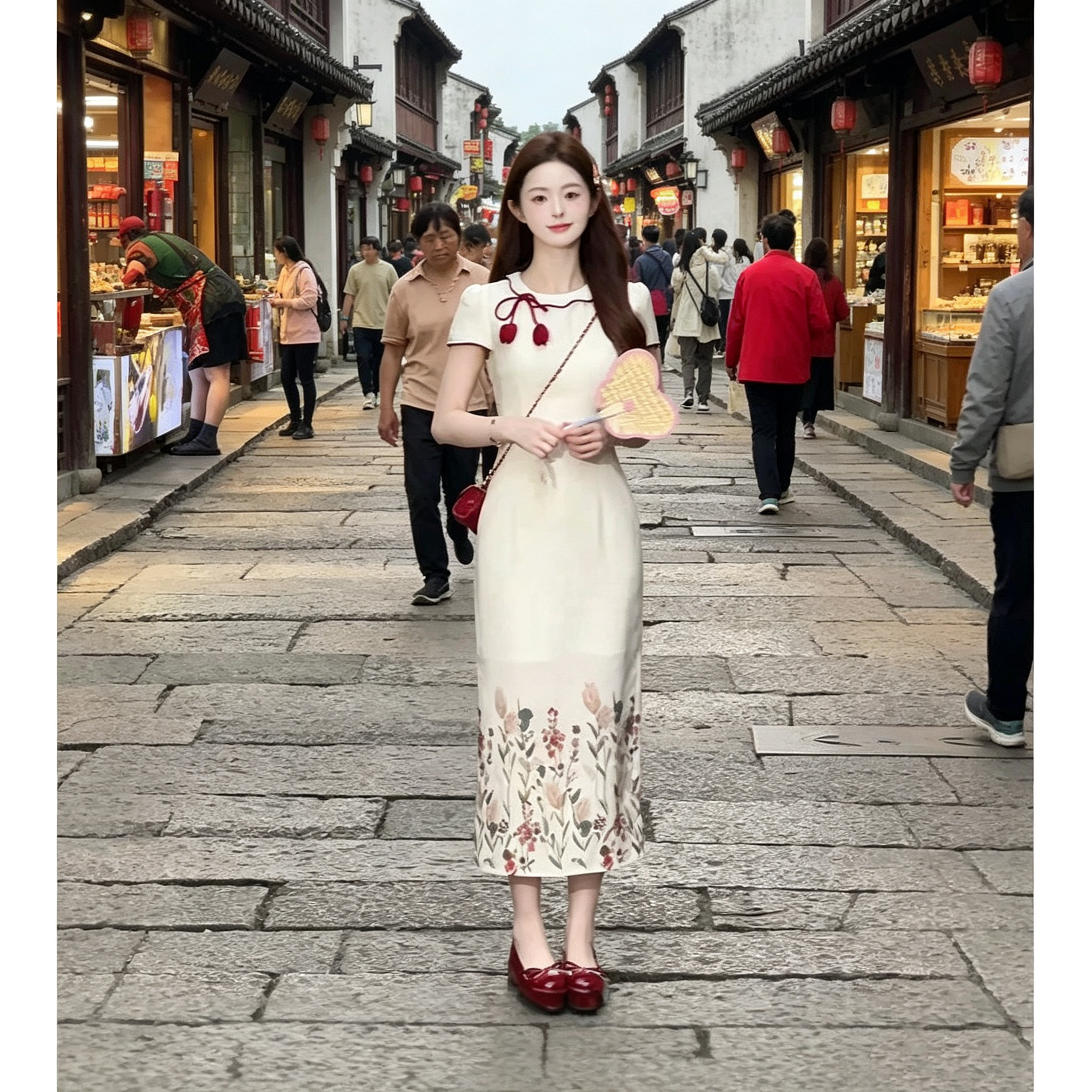 新中式国风长裙子收腰显瘦设计感温柔风甜美油画印花旗袍连衣裙女