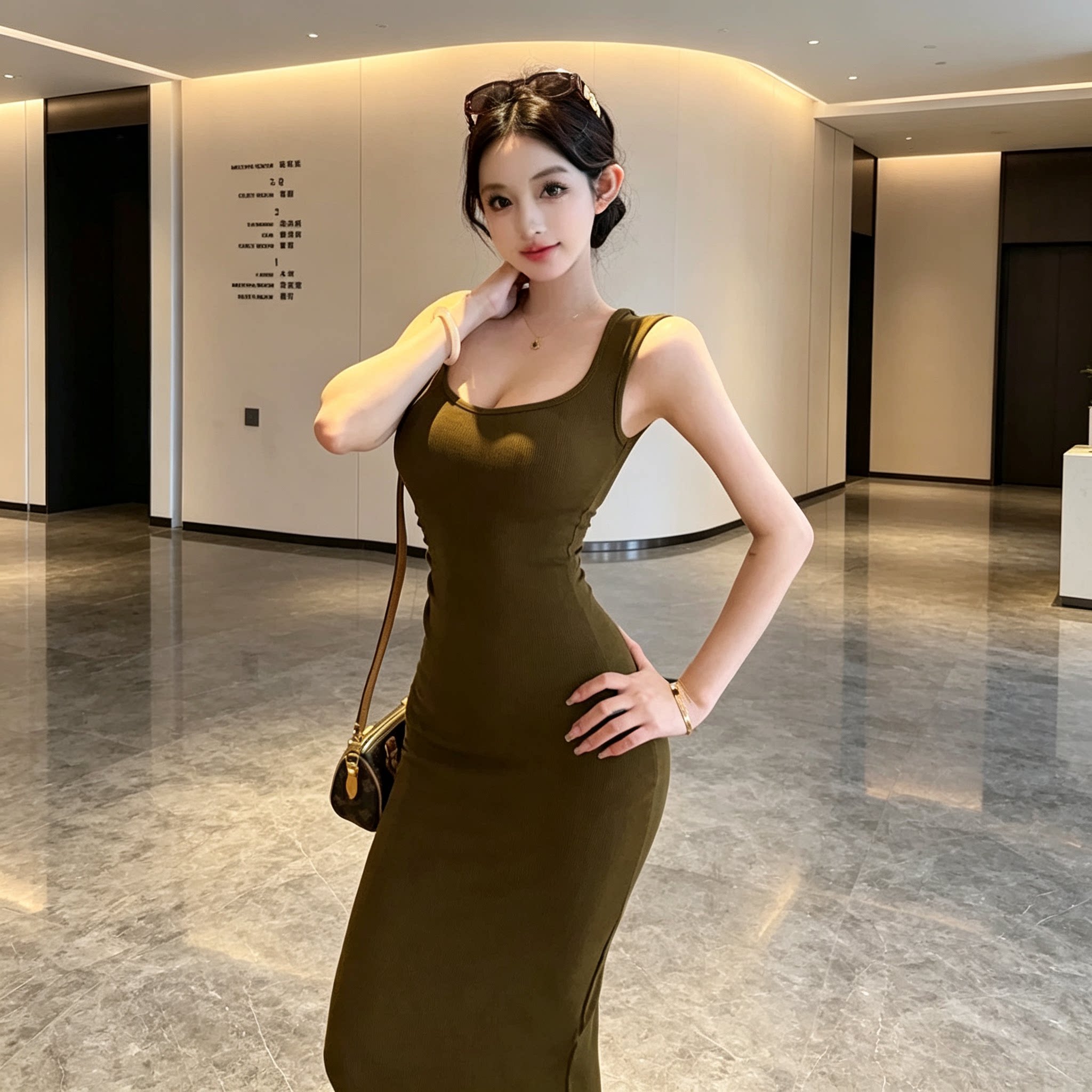 橄榄绿方领背心连衣裙女夏季高智感穿搭收腰包臀裙中长款鱼尾裙子
