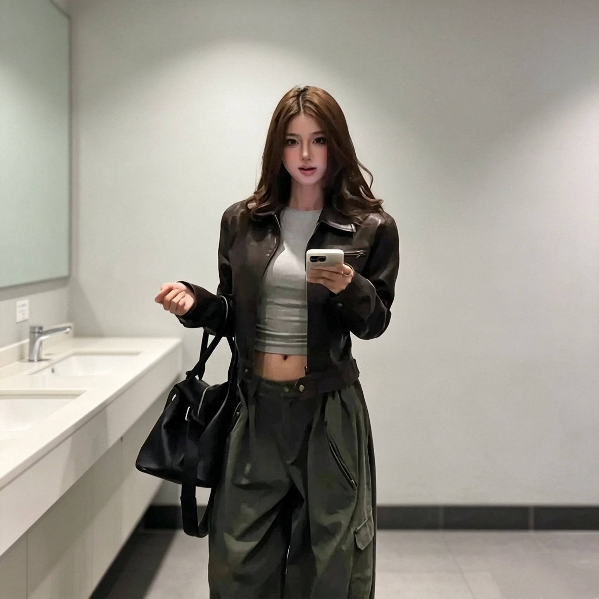 复古美式酷飒短款PU皮夹克女秋