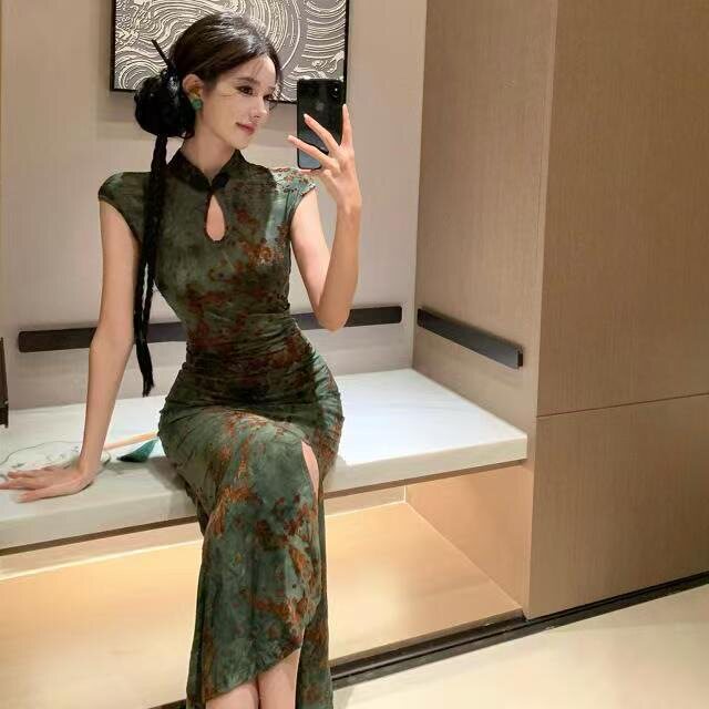 新中式国风复古性感印花改良旗袍连衣裙女夏季风情万种包臀长裙子