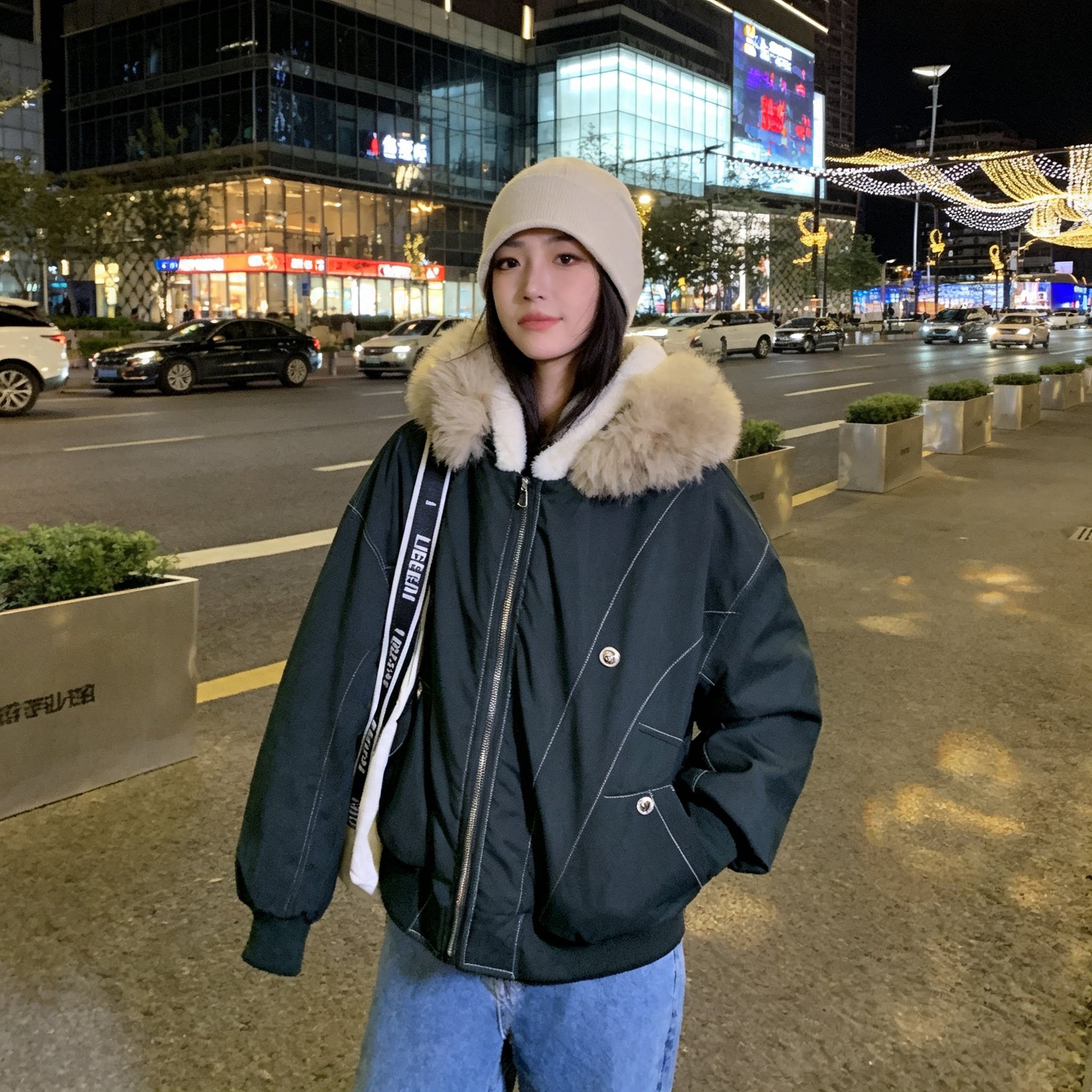 蓝色美式复古派克服棉服女冬季座山雕毛领宽松加厚短款工装外套女