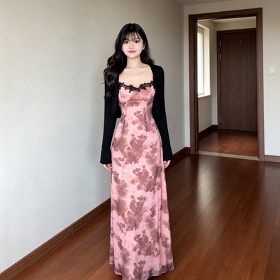 纯欲风蕾丝拼接扎染吊带连衣裙套装女夏薄款防晒开衫甜辣收腰长裙