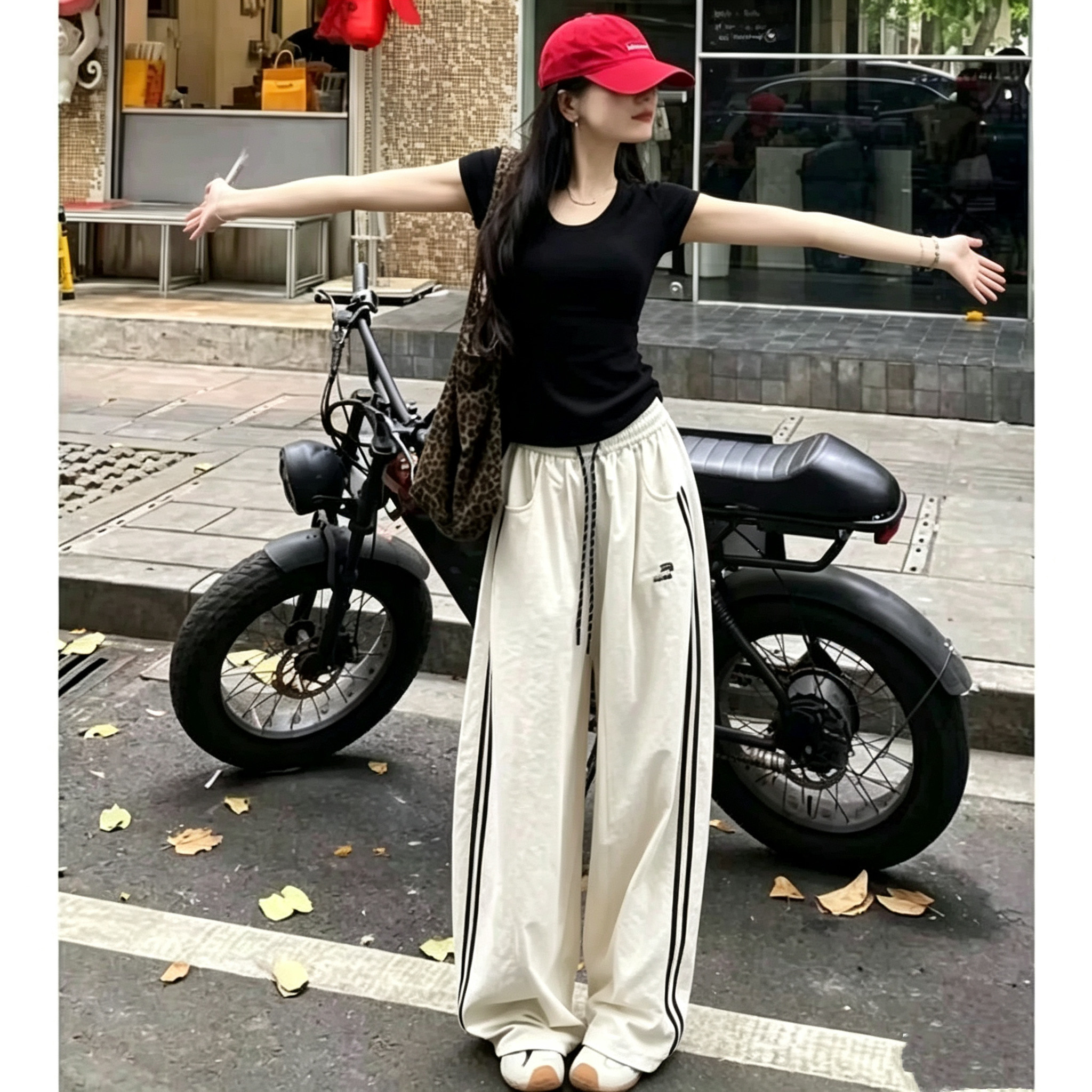 美式黑条纹白色阔腿裤女夏季新款高腰显瘦工装裤慵懒宽松运动裤子