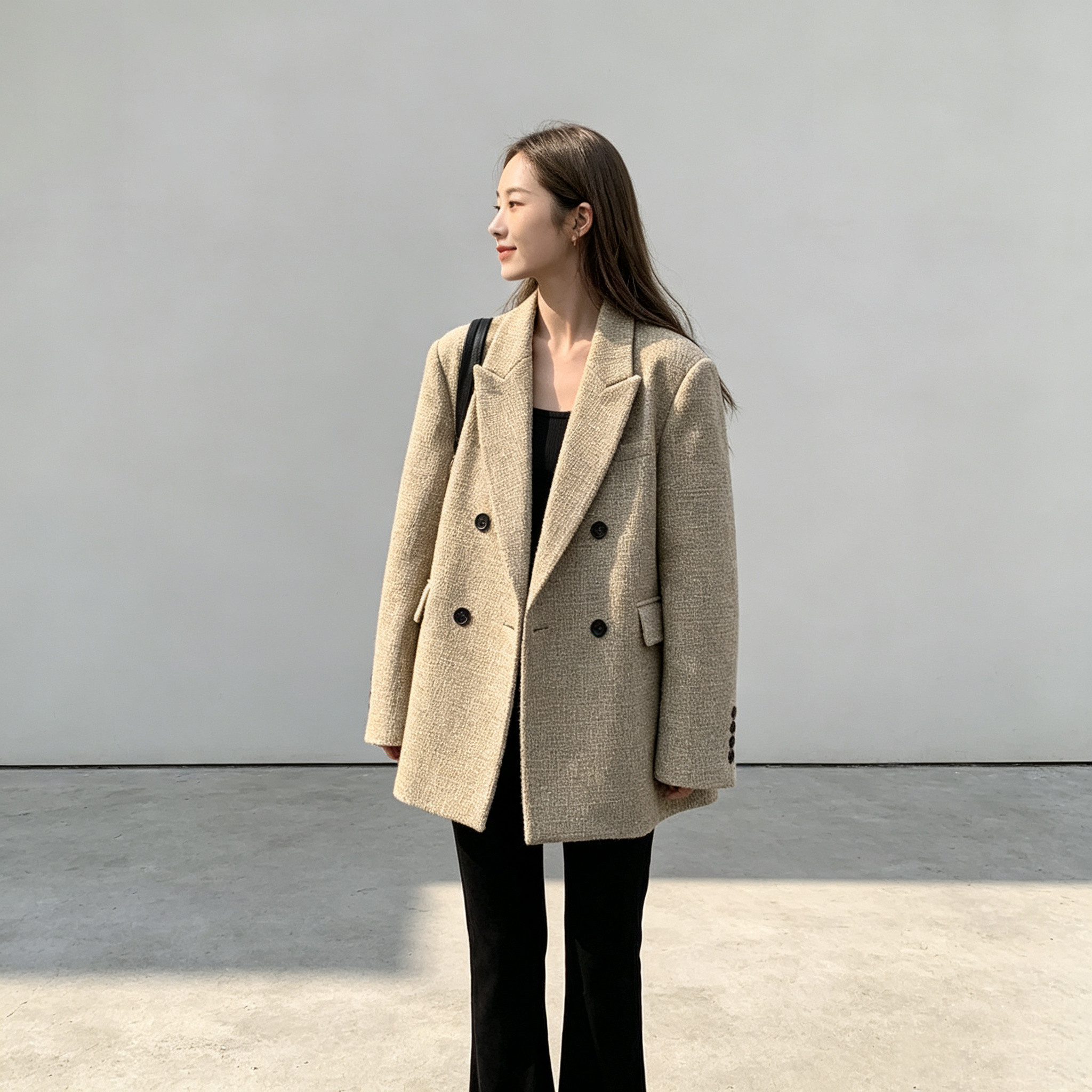 毛呢西装女秋冬加厚宽松韩系复古显瘦小香风呢子卡其色西服外套女