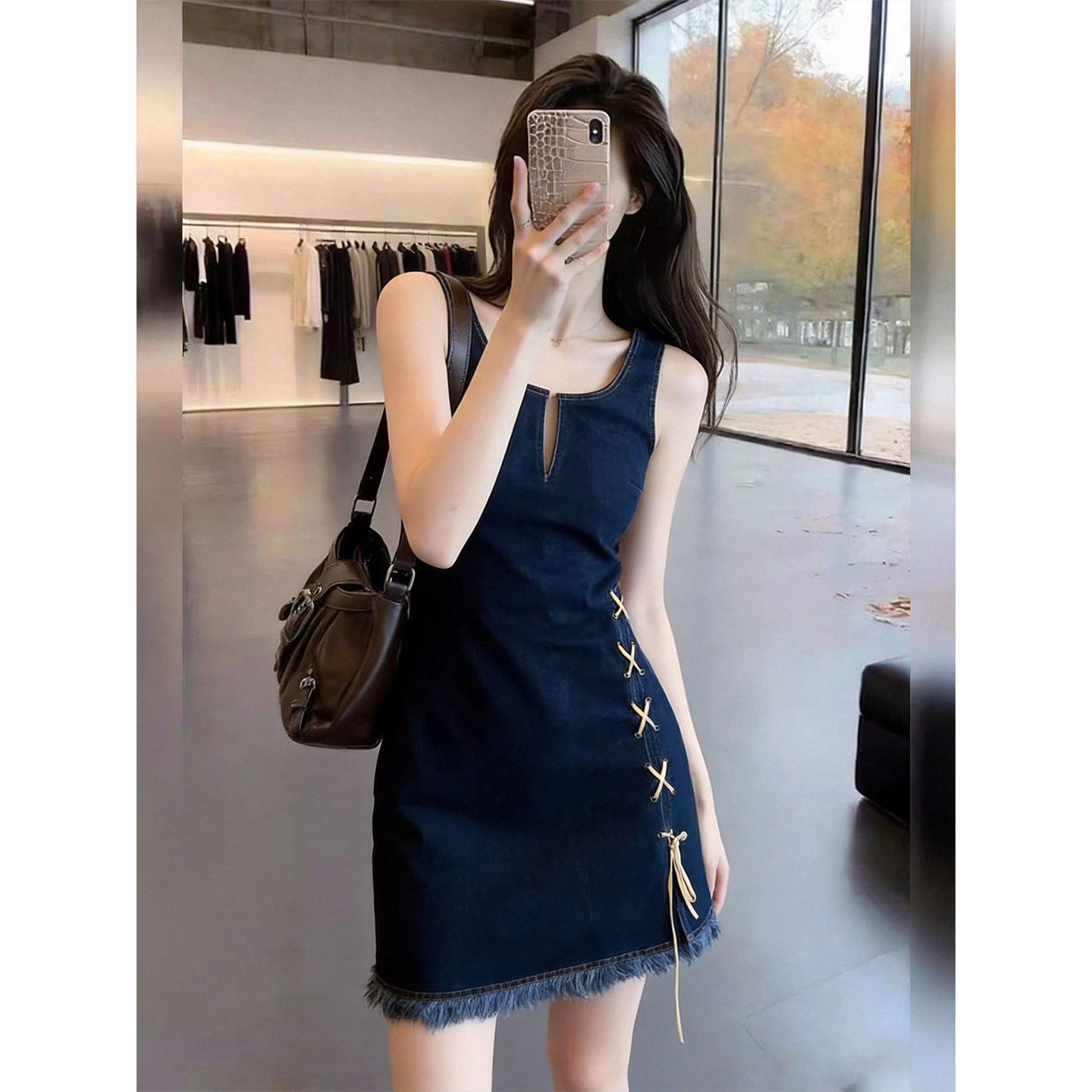 淡人穿搭小众牛仔连衣裙女士夏款侧边绑带流苏下摆显瘦无袖背心裙