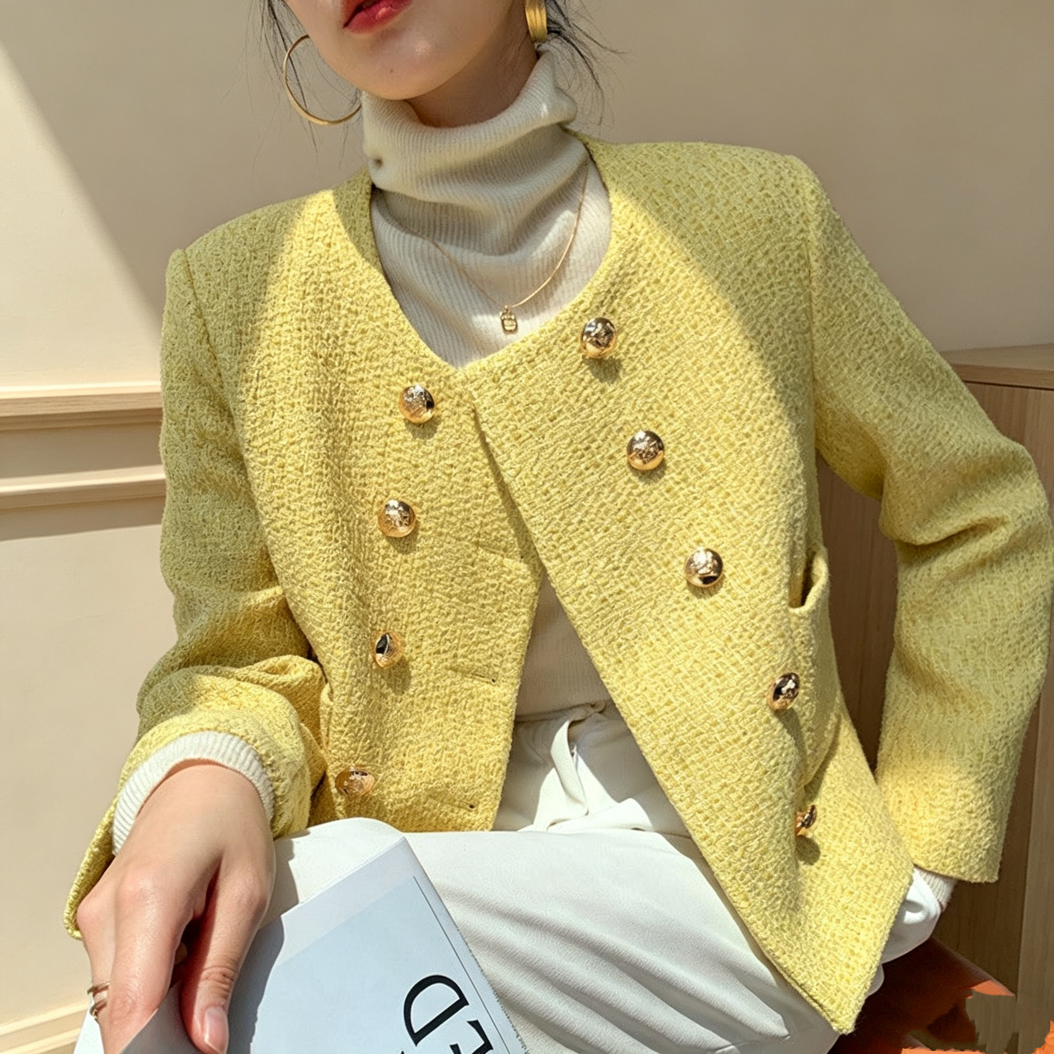 小香风黄色外套女秋冬2026新款气质名媛法甜美式感粗花呢短款上衣