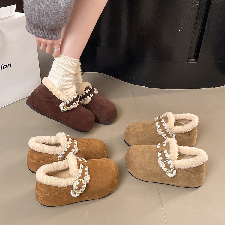 松糕厚底增高勃肯鞋女2025新款秋冬雪地靴加绒乐福鞋毛毛棉鞋34码