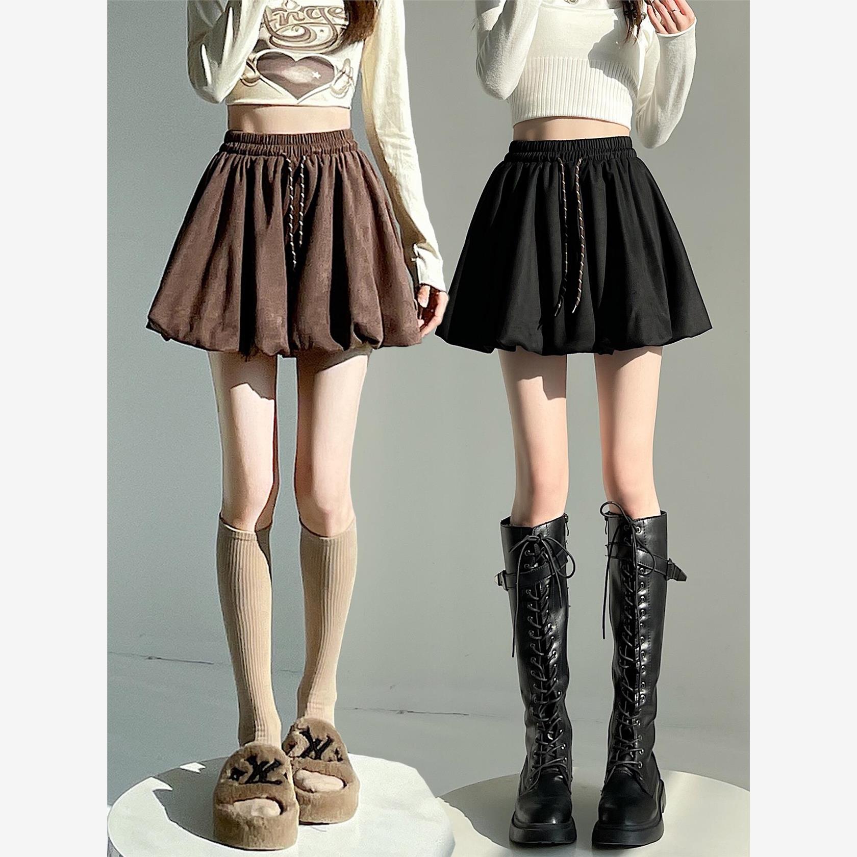 咖色松紧腰半身裙女2025秋冬新款麂皮绒A字裙百搭花苞裙遮胯短裙