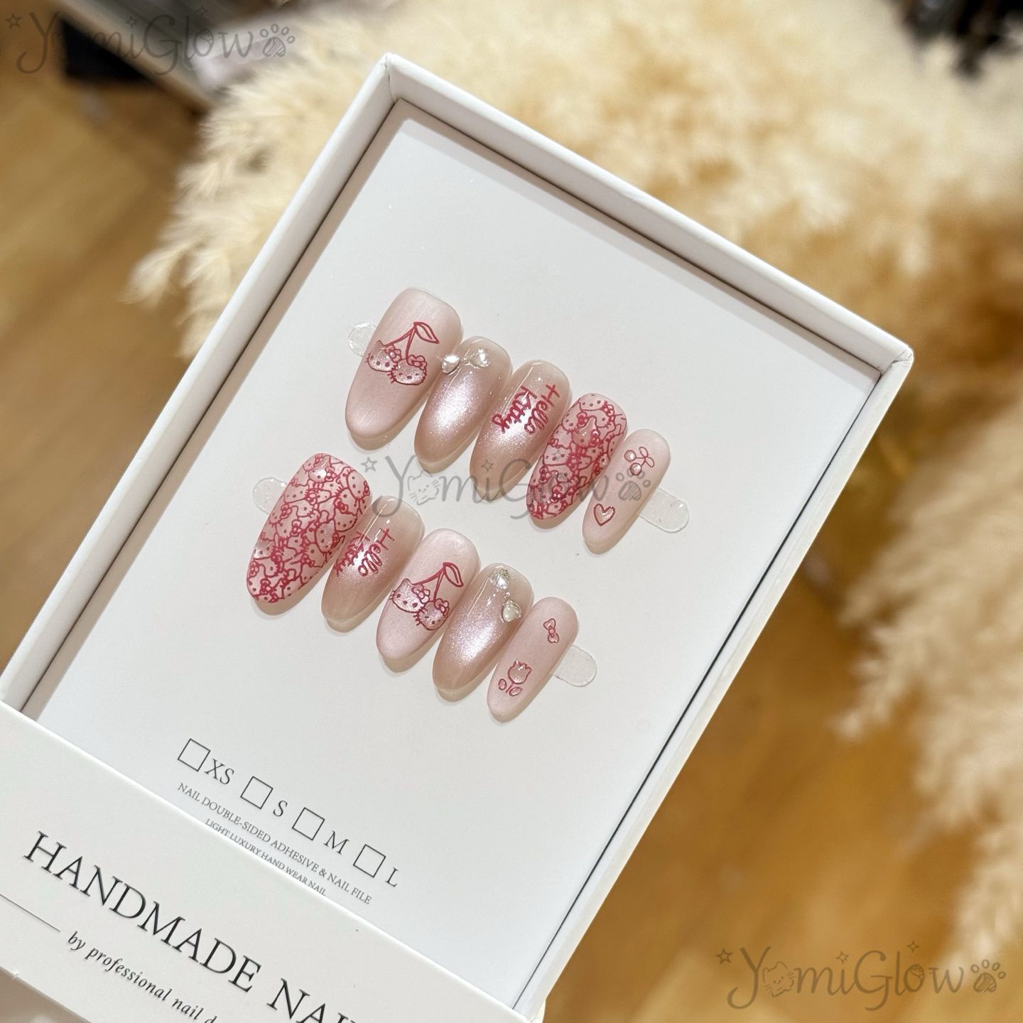 手工穿戴甲甲片粉色卡通图案美甲贴片中长款甲片猫眼裸色甜酷ins