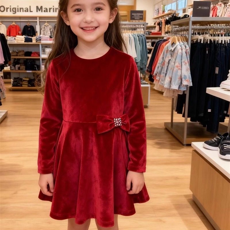 时尚节日新年服女童装春秋金丝绒立体钻蝴蝶结棉质内衬儿童连衣裙