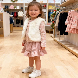三件套2-3岁超美外单春秋款女童毛毛马甲长袖T恤半身裙纱裙套装