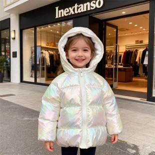 超美软萌货~外单女童炫彩柔白色秋冬款厚实连帽夹棉棉袄棉衣棉服