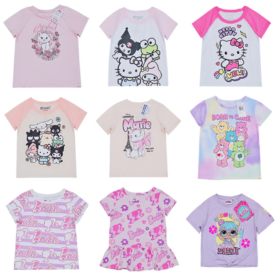 外单女童短袖T恤衫卡通晕染拼接