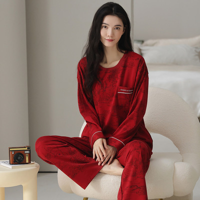 纯棉女士大红睡衣套头长袖长裤宽松奢华春秋季可外穿家居服