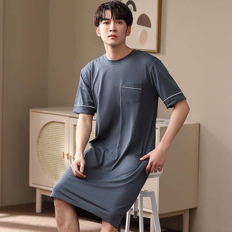 睡衣男夏粘纤棉一体睡袍夏季长款短袖睡裙春秋XXXXXL码家居服 RC