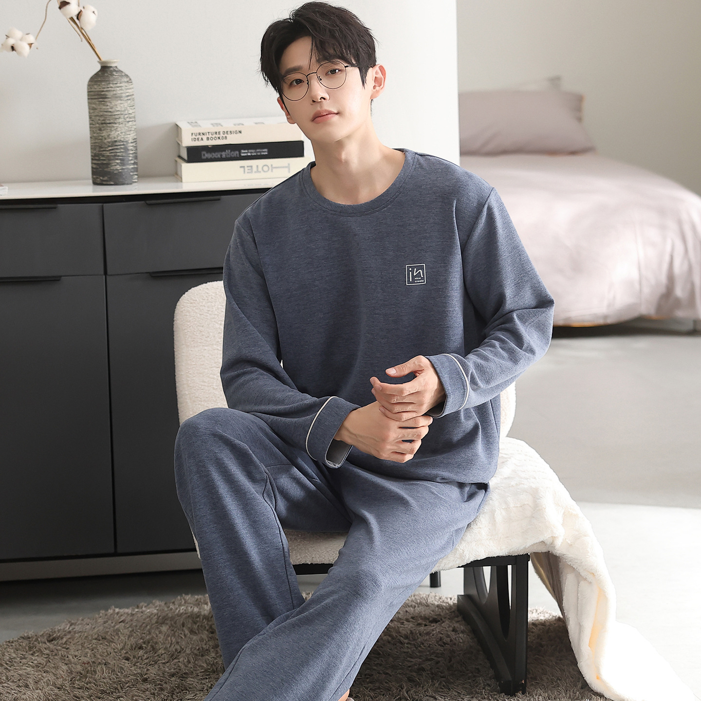 男士睡衣德绒长袖长裤圆领套装加绒加厚保暖冬季家居服男两件套