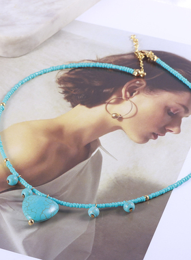 夏季新款欧美ins时尚小众百搭饰品女可叠戴蓝色串珠爱心吊坠项链