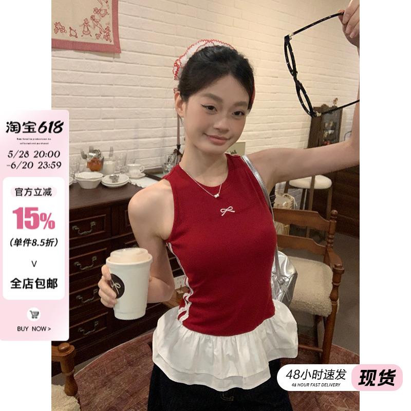 宋正恩红色蕾丝花边吊带背心女夏季外穿2025新款别致绝美无袖上衣
