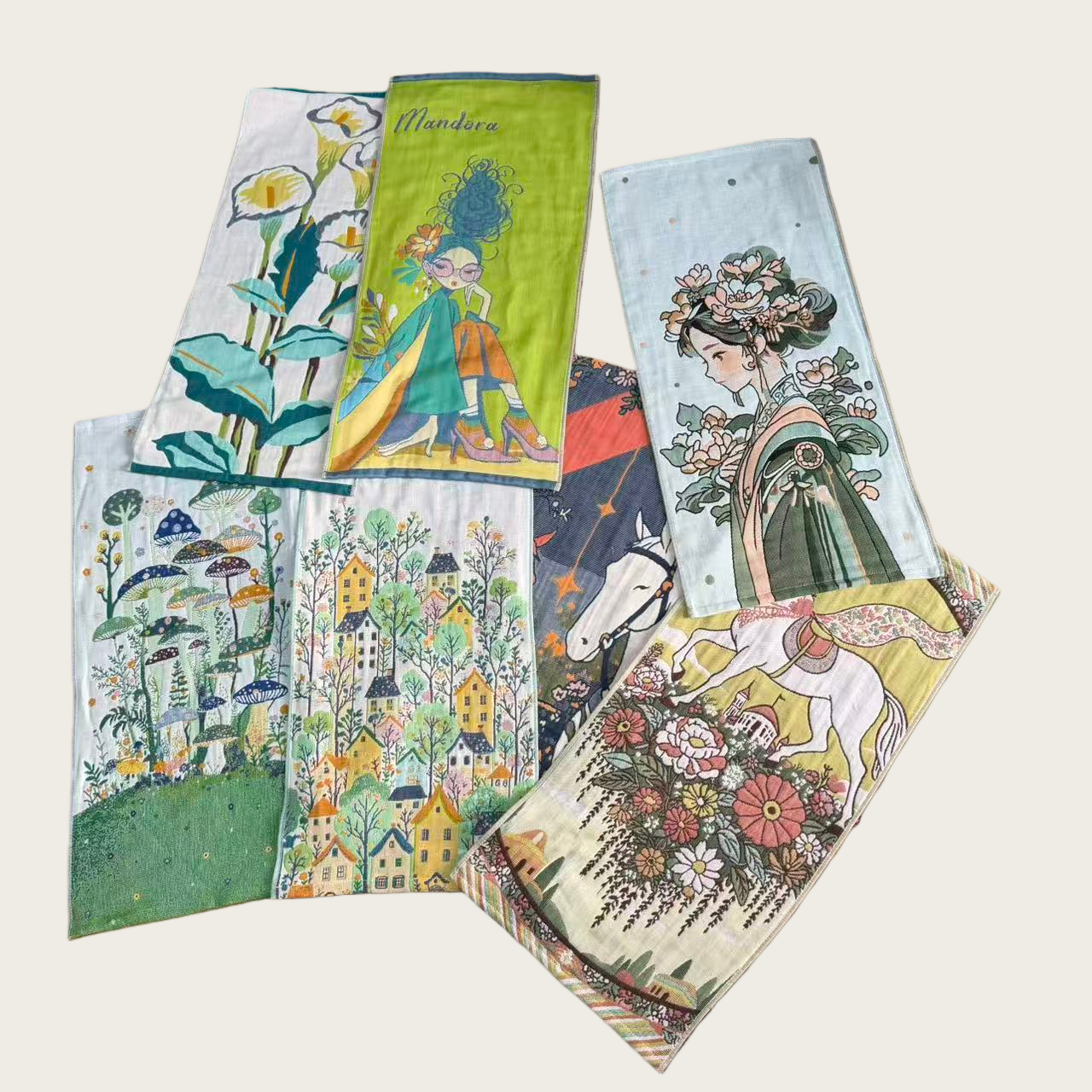 纯棉纱布毛巾手绘卡通复古印花