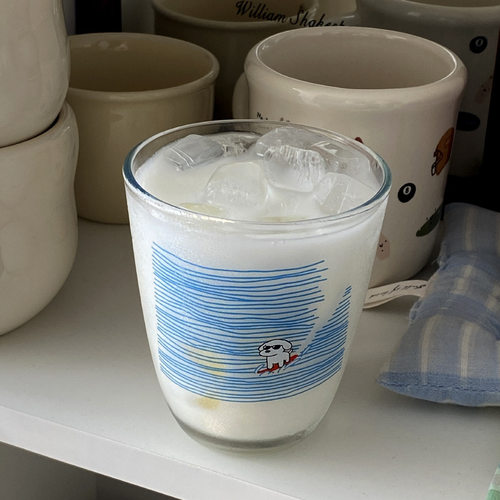手绘冲浪小狗钢化玻璃杯 小众涂鸦小猫咖啡杯早餐牛奶杯水杯300ml