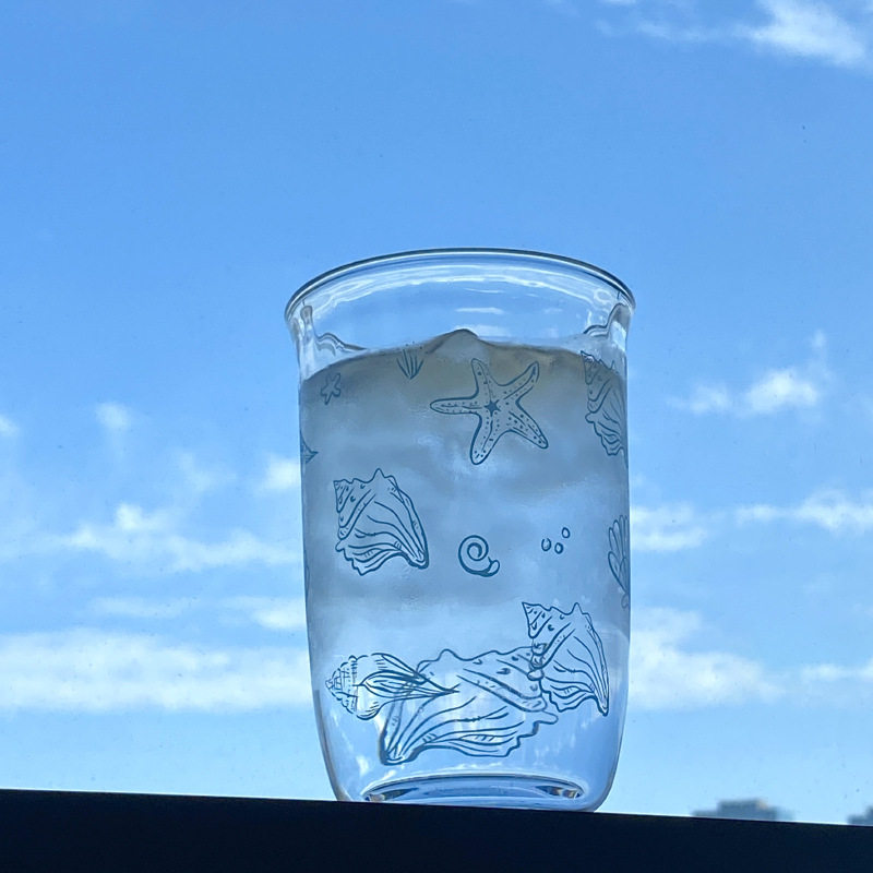 中古风水杯海边插画海星贝壳玻璃杯ins小众复古清新大容量咖啡子