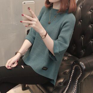 套头秋装2025韩版上衣女针织衫七分袖短款打底衫宽松女装毛衣外套