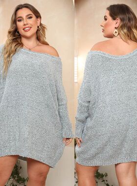 毛衣裙跨境欧美大码女装一字领性感露肩宽松机织套头毛衣F21729