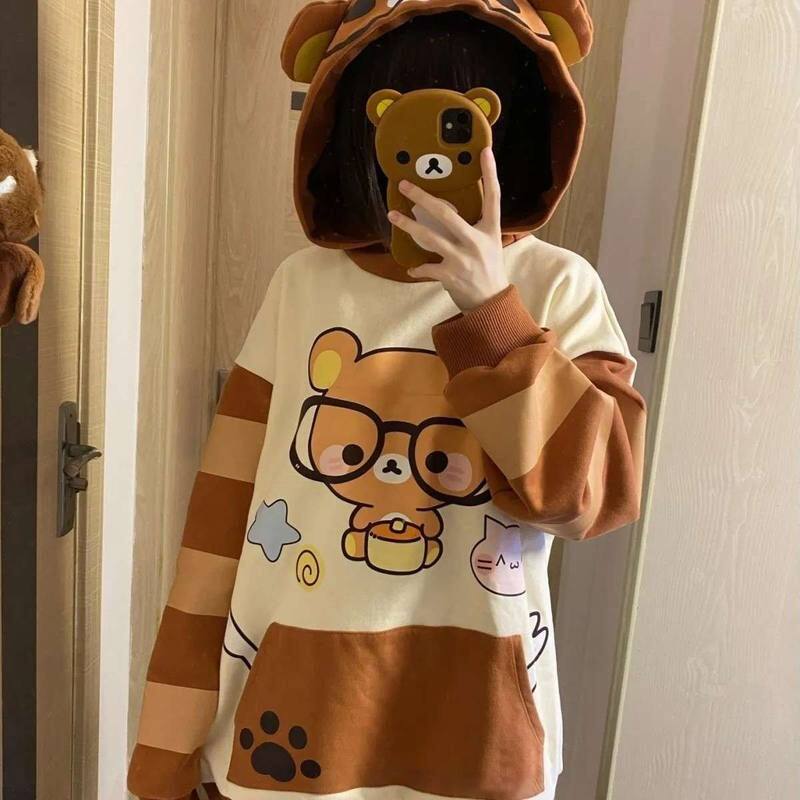 连帽甜美轻松学院风加绒宽松眼镜熊软妹日系可爱卫衣宅萌卫衣甜酷