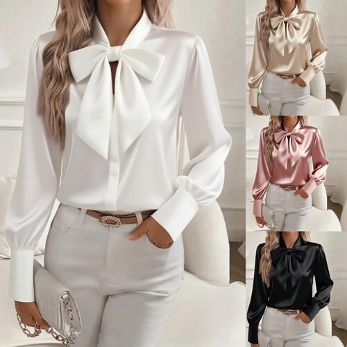 Women Shirt Office OL Tops纯色休闲百搭蝴蝶结缎面衬衫长袖女装