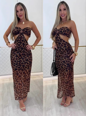 Women Dresses Tube Tops Sexy欧美女装豹纹性感裹胸网纱连衣裙