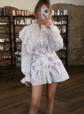 Women Dresses Floral Print设计感可拆卸腰封碎花长袖短款连衣裙