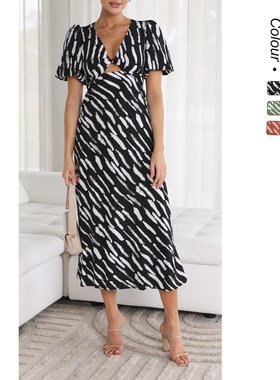 Women Long Dress Cute Floral Print欧美印花V领A字中长款连衣裙