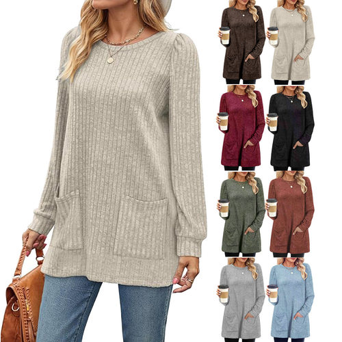 Women Knitted Pullover欧美秋冬针织衫圆领坑条纯色口袋长衫女